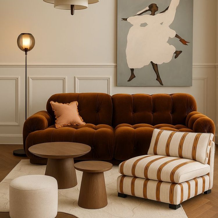 Warm Modern Living Room – Cozy Velvet Sofa & Artistic Wall Decor